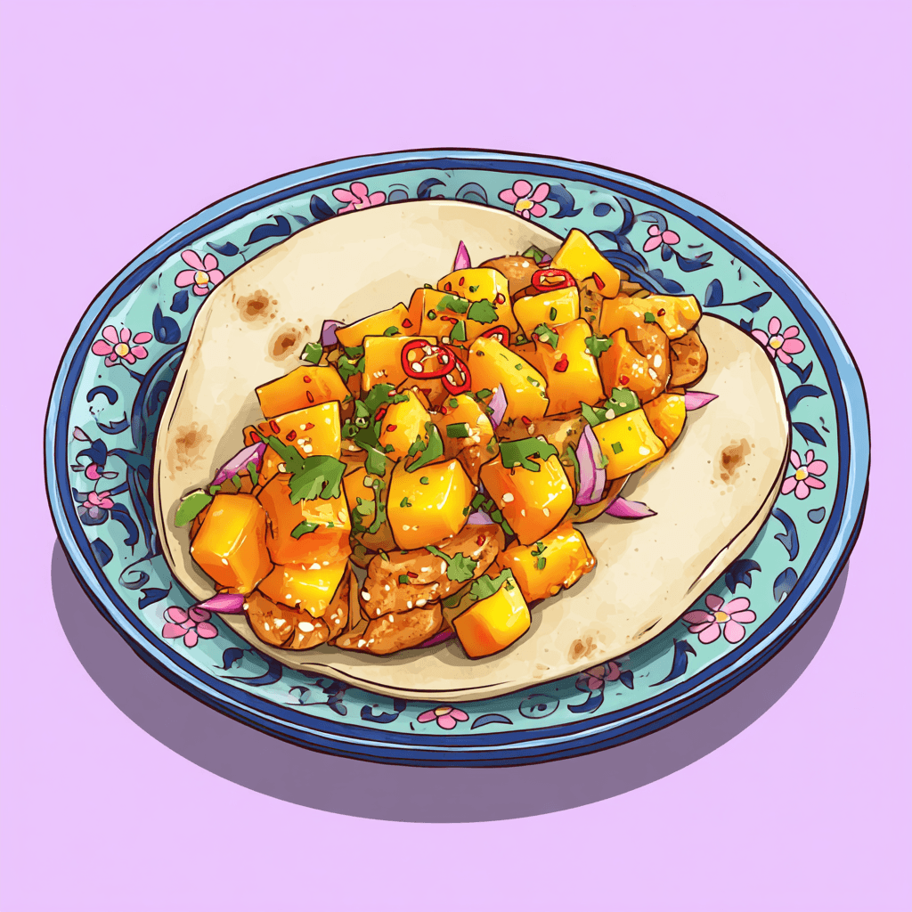 Mango Lime Relish - beautifully plated taco with fresh ingredients and garnishes