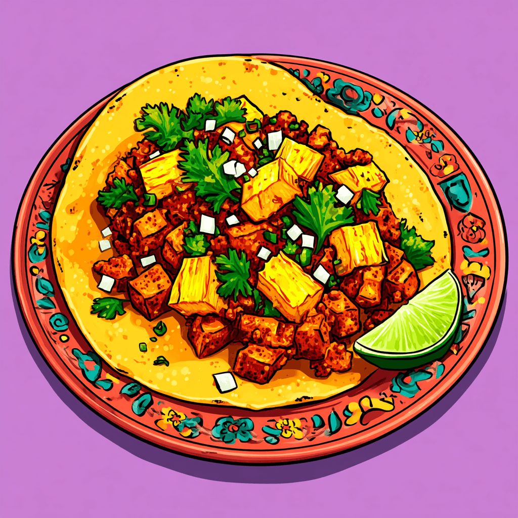 Tofu al Pastor - beautifully plated tacos with fresh ingredients and garnishes