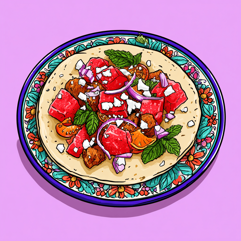 Watermelon-Feta Relish - beautifully plated taco with fresh ingredients and garnishes