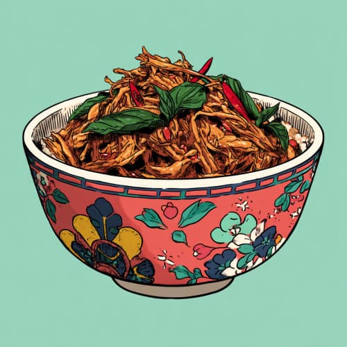 Close-up detail shot of Thai Chili Carnitas showing texture, vibrant colors, and appetizing presentation