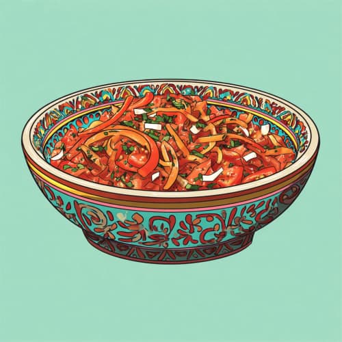 Close-up detail shot of Taktouka Relish showing texture, vibrant colors, and appetizing presentation