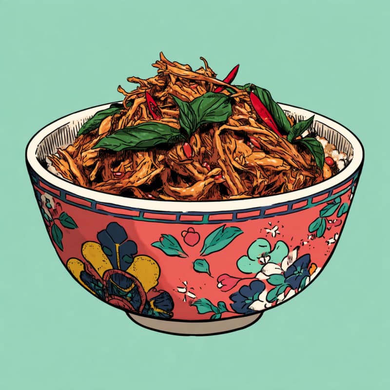 Close-up detail shot of Thai Chili Carnitas showing texture, vibrant colors, and appetizing presentation