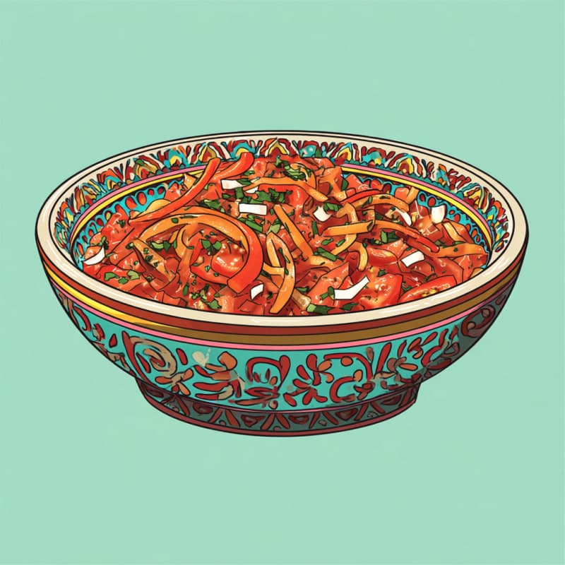 Close-up detail shot of Taktouka Relish showing texture, vibrant colors, and appetizing presentation